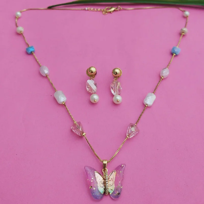 Silver Pendant Necklaces-JCM Gold Plated Beads Butterfly Style Necklace Set