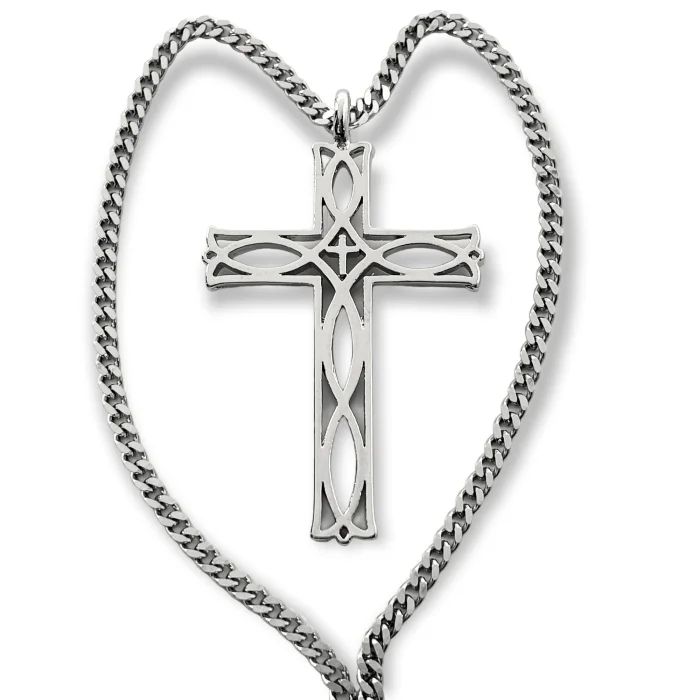 Stylish Charm Pendant Necklaces-Cross Ichthus Fish Rhodium Metal Finish Pendant Curb Chain Necklace