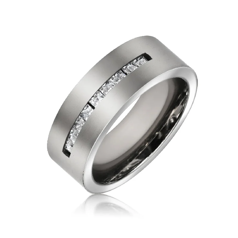 Round Diamond Engagement Rings-Wide CZ Channel Set Tungsten Wedding Band Ring for Men Silver Tone Titanium