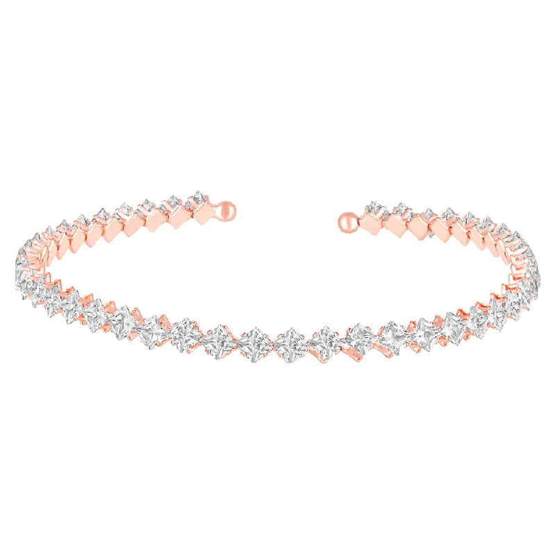 Custom Gemstone Necklaces-Mahi Rose Gold Plated Classic Princess Cut White Cubic Zirconia Studed Adjustable Kada Choker Necklace for Women (PS1101849ZWhi)