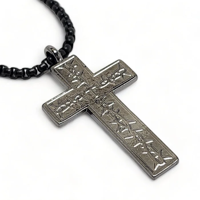 Simple Chain with Pendant Necklaces-Thorns Cross Dark Metal Finish Pendant Dark Heavy Box Chain Necklace