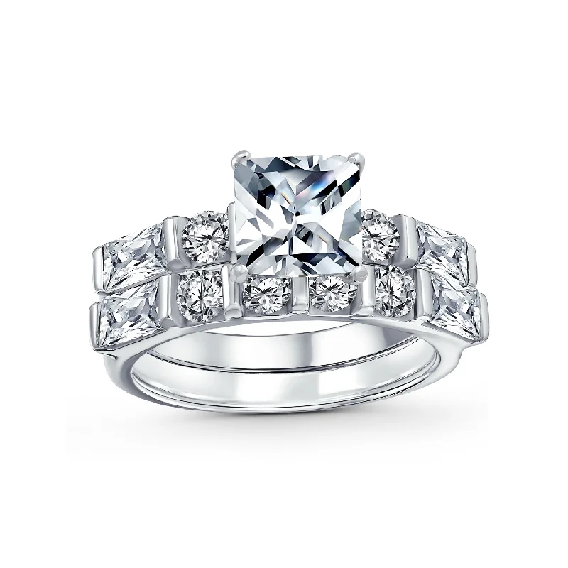 Engagement Rings with Sapphire-Traditional CZ Baguettes Cocktail Statement Ring with 2CT Princess Cut Solitaire