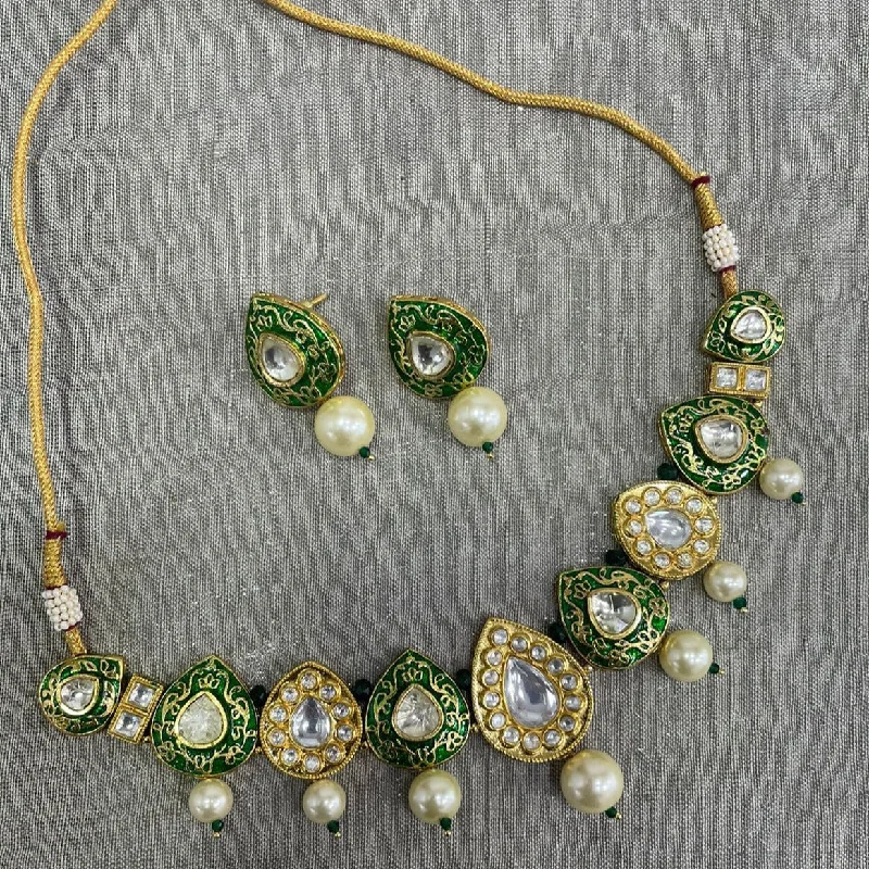 Handcrafted Silver Necklaces-Jyoti Arts Gold Plated Kundan Stone Necklace Set