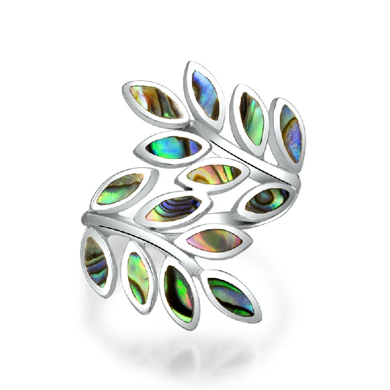 Sterling Silver Rings for Women-Nature Ivy Rainbow Shell Wrap Silver Ring with Laurel Vine Leaf Bypass Abalone Design