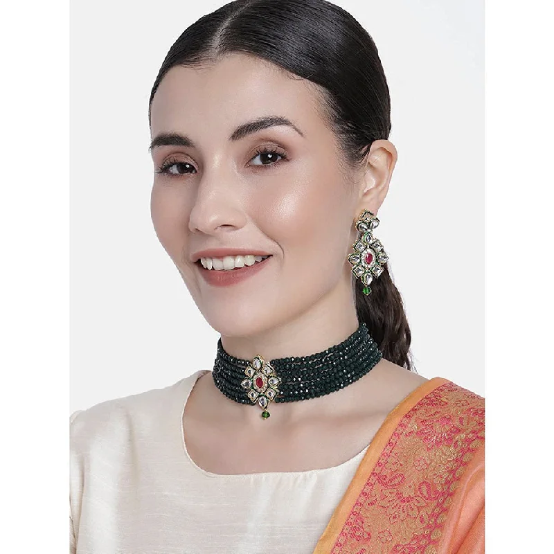 Simple Heart Necklaces-Etnico 18k Gold Plated Traditional Choker Set Glided With Kundan & Beads For Women/Girls (K7207G)