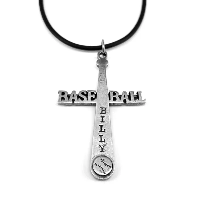 Diamond Pendant Necklaces-Baseball Customize Name Cross Bat Necklace Black Rubber