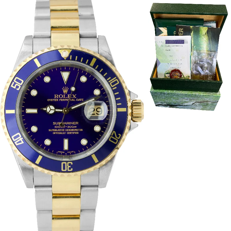 Colorful Rubber Strap Watches-UNPOLISHED 2003 Rolex Submariner Date Steel GOLD THRU Blue 40mm Watch 16613 BP