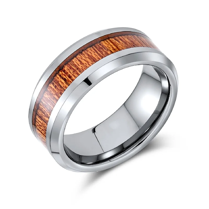 Designer Platinum Rings-Tungsten Wedding Band Ring with Koa Wood Inlay and Silver Tone Comfort Fit