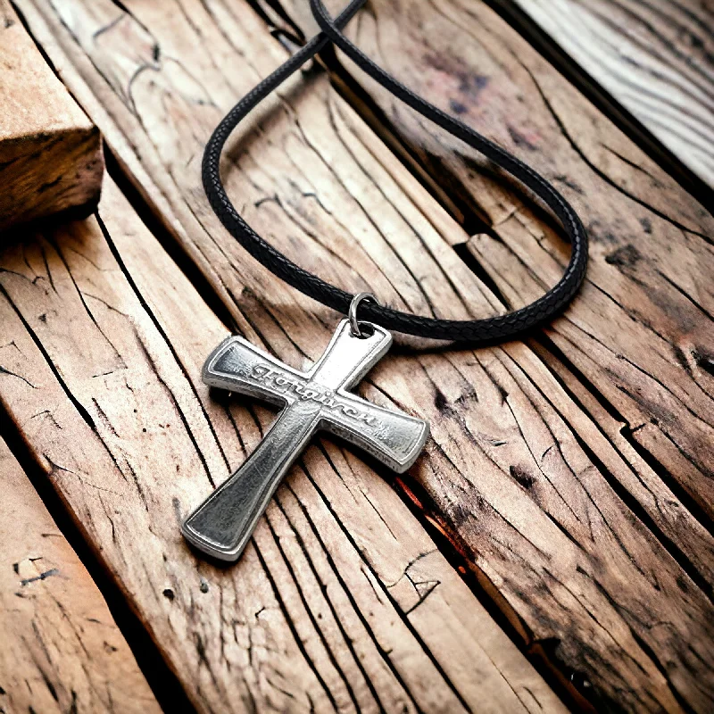 Simple Beaded Necklaces-Forgiven Cross Antique Silver Metal Finish Black Cord Necklace