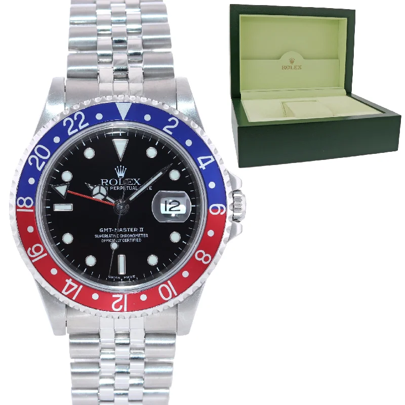 Vintage Women’s Gold Watches-2005 Jubilee Band Rolex GMT-Master Pepsi Blue Red Steel 40mm Watch 16710 Box