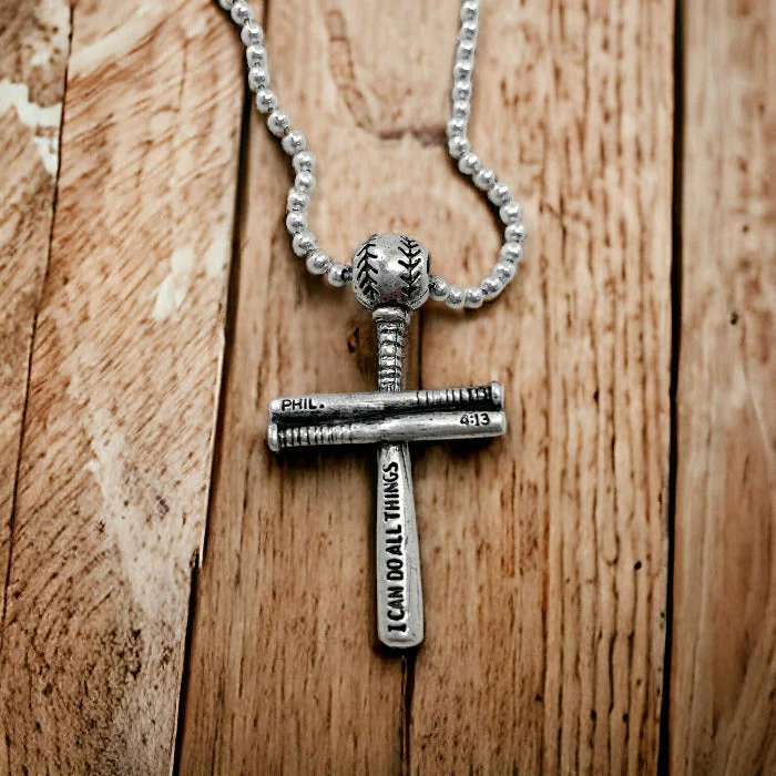 Custom Initial Necklace Designs-Baseball Bat And Ball Cross Small Necklace Antique Silver