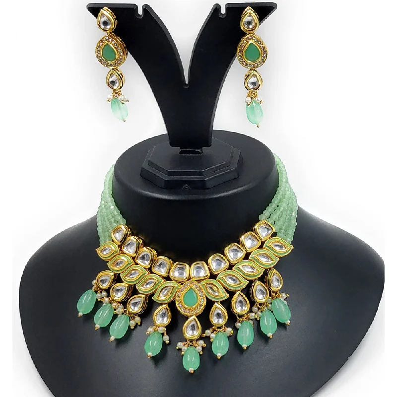 Stylish Gold Chokers-Gehana Mahal Gold Plated Kundan And Beads Necklace Set