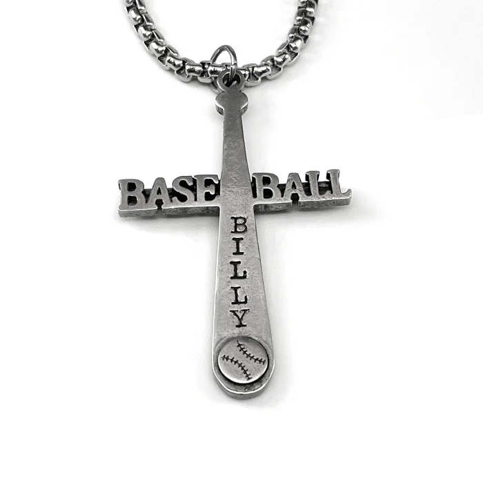 Handcrafted Gold Necklaces-Baseball Customize Name Cross Bat Necklace Heavy Chain