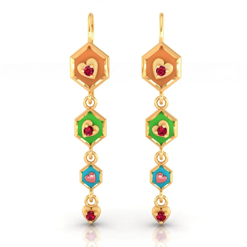 Colorful Beaded Earrings-14k Gold Earrings With Hexagonal Shapes And A Heart Drop