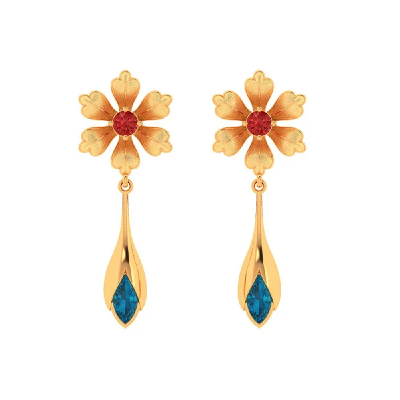 Classic Silver Earrings-Floral Style Blue And Red Gems 22k Gold Earrings