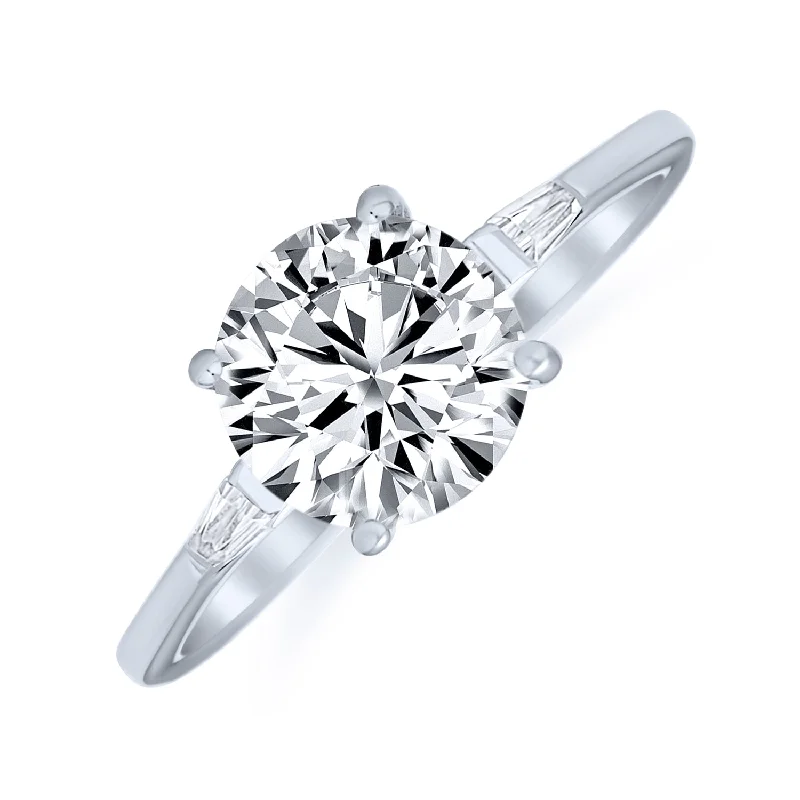 Elegant Engagement Rings-Classic 3CT Round CZ Solitaire Engagement Ring with Baguette Side Stones Silver