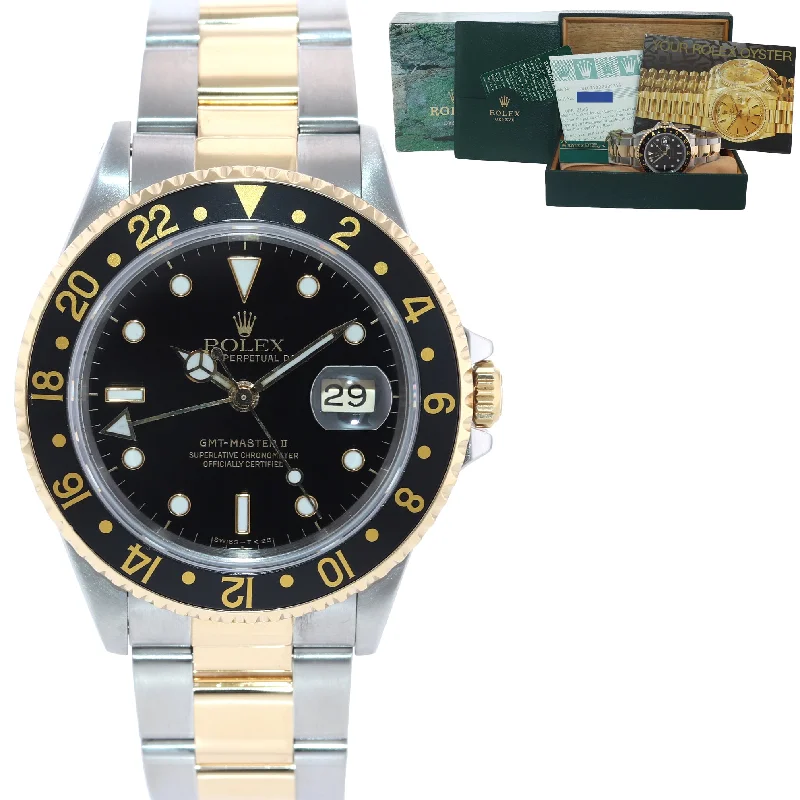 Men’s Stylish Chronograph Watches-Papers Rolex GMT-Master II 16713 Two-Tone Gold Steel Date Black 40mm Watch