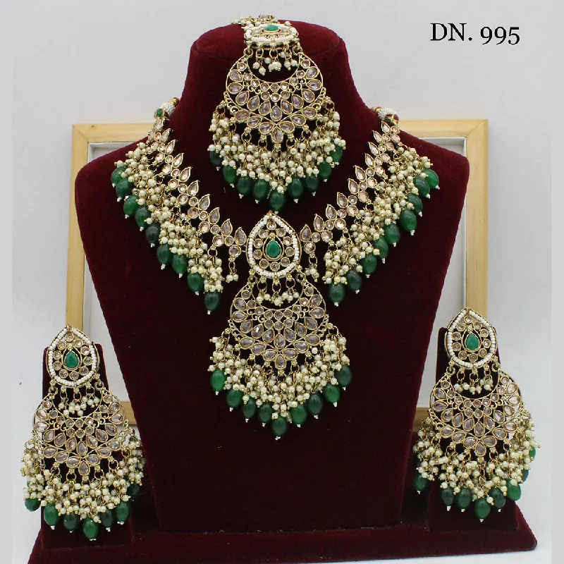 Elegant Layered Gold Necklaces-India Art Kundan Stone & Beads Gold Plated Necklace Set