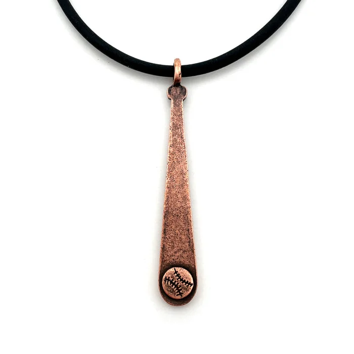 Gold-Plated Heart Necklaces-Baseball Softball Bat Necklace Antique Copper On Black Rubber