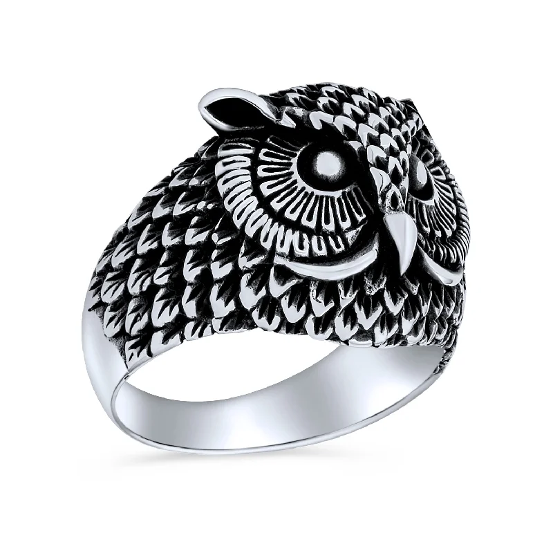 Luxury Wedding Bands-Mens Silver Ring: Oxidized .925 Sterling Silver Night Owl Band for Men