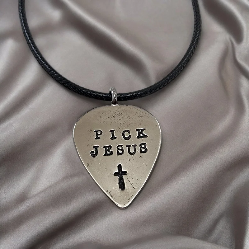 Large Statement Necklaces-Guitar Pick Jesus Cross Dark Metal Finish Pendant Black Cord Necklace