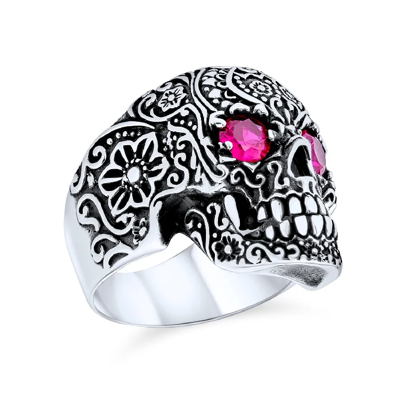 Elegant Titanium Rings-Mens Stainless Steel Punk Rocker Biker Skull Ring with Simulated Red Ruby CZ Eyes