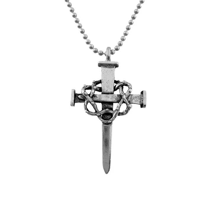 Trendy Necklaces for Teens-Nail Crown Of Thorns Large Cross Antique Silver Finish Ball Chain Necklace