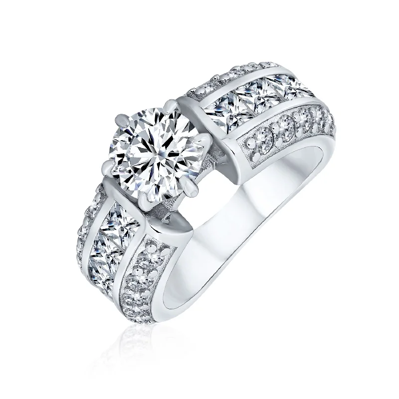 Custom Engagement Rings-Vintage Art Deco 2CT CZ Solitaire Engagement Ring with Pave Band Silver