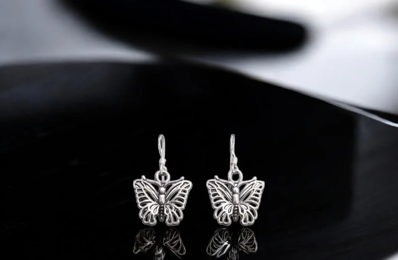 Luxury Hoop Earrings-Sterling silver oxidized butterfly earrings for women and girls