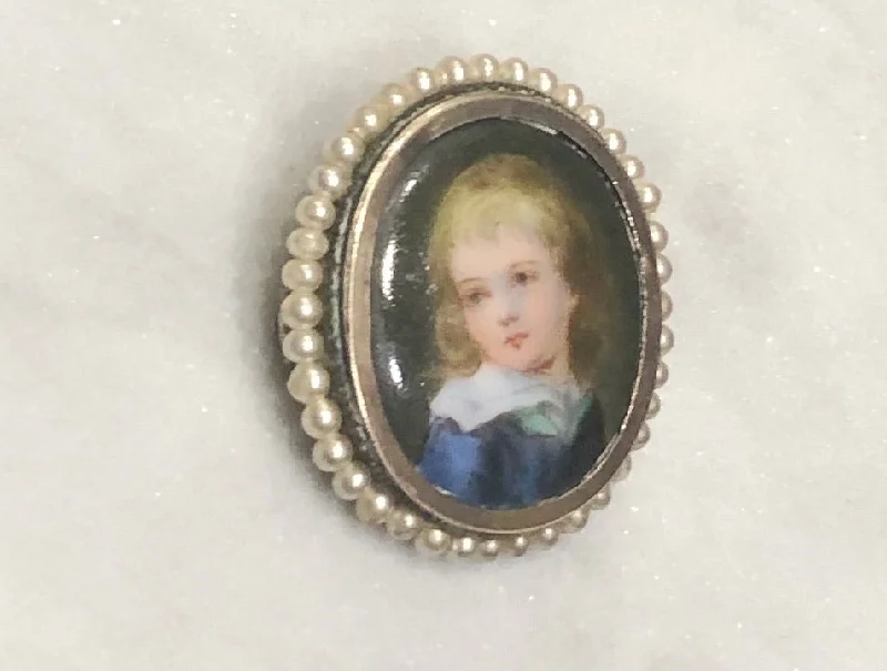 Custom Initial Brooch-Custom Initial Brooch-Estate Collection Brooch - Child's Portrait Surrounded by Pearl Beads