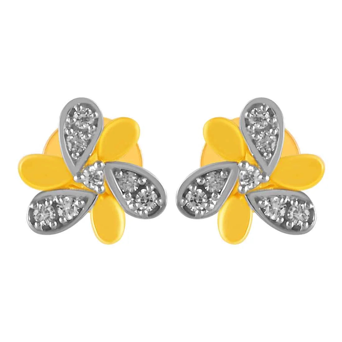 Elegant Diamond Drop Earrings-14KT (585) Yellow Gold & Diamond Curved Petal Detailing Stud Earrings