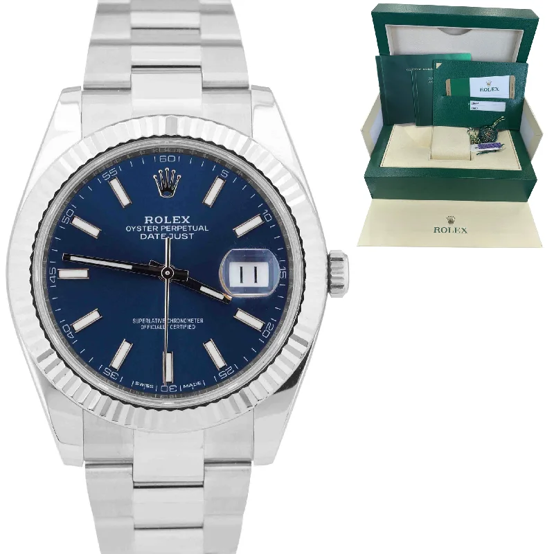 Smart Watches with Fitness Coaching-2018 Rolex DateJust 41 Blue Stainless Steel 18K WG Fluted Oyster Watch 126334