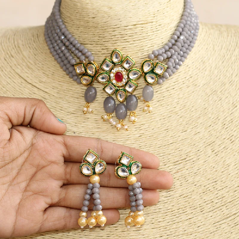 Layered Necklaces for Women-Beadsnfashion Glass Crystal Beaded Kundan Choker Set Grey