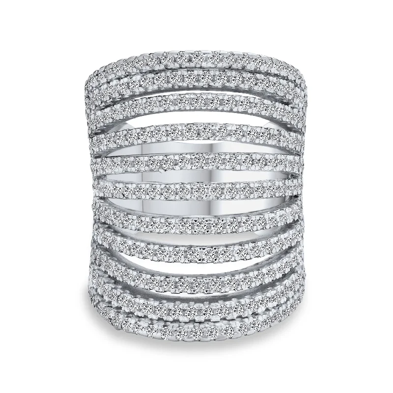 Unique Men's Wedding Bands-Geometric Fashion CZ Pave Full Finger Armor Cocktail Statement Ring in Sterling Silver