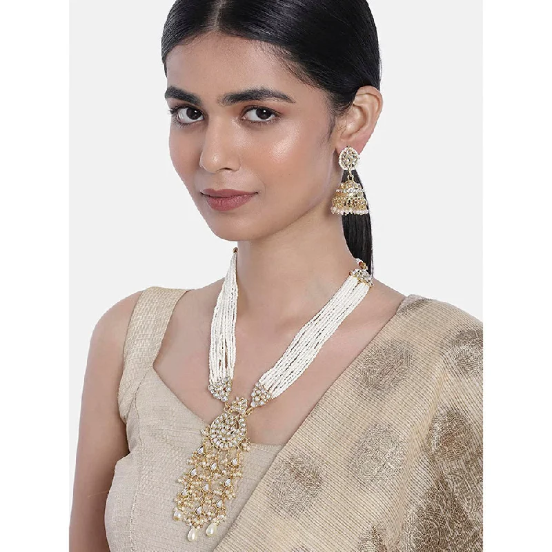 Elegant Diamond Necklaces-Etnico18k Gold Plated Traditional Multistrand Pearl Kundan Studded Necklace Jewellery Set For Women (ML308W)