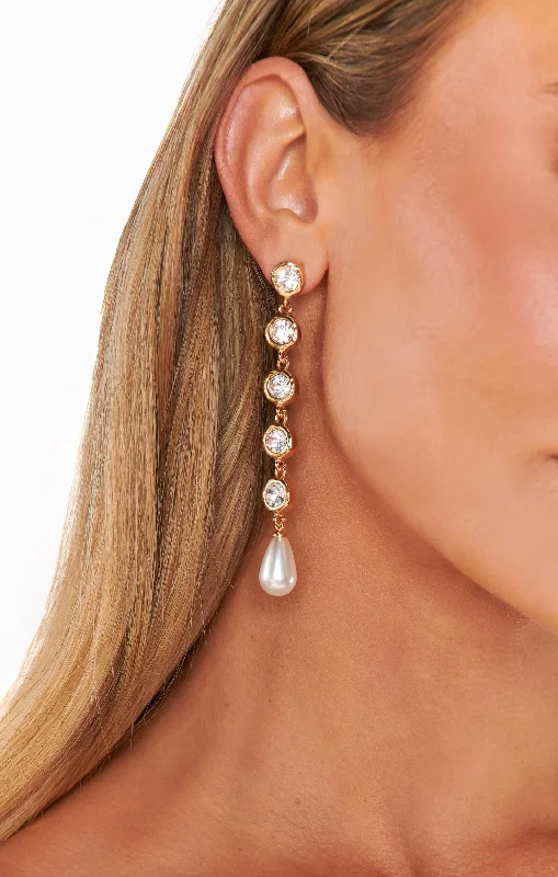 Chic Dangle Earrings-Ettika Elegantly Modern Crystal and Pearl Dangle Earrings ~ Gold