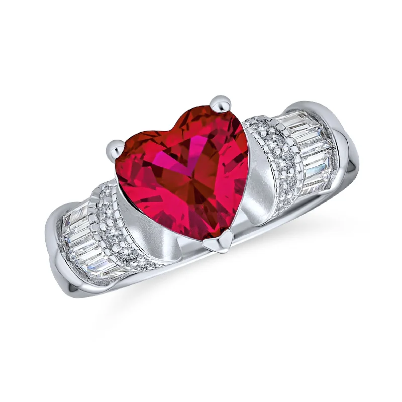 Men's Fashion Rings-Art Deco 2.5CT Red Pink Heart CZ Engagement Ring with Baguette Side Stones