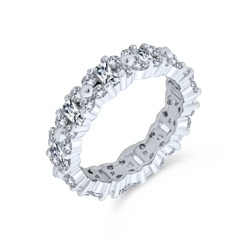 Designer Fashion Rings-Timeless CZ Cocktail Statement Ring: Round & Baguette Flower Eternity Band Silver