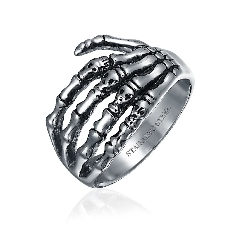 Handcrafted Promise Rings-Mens Stainless Steel Goth Biker Punk Rocker Skeleton Hand Wrap Band Ring Silver Tone