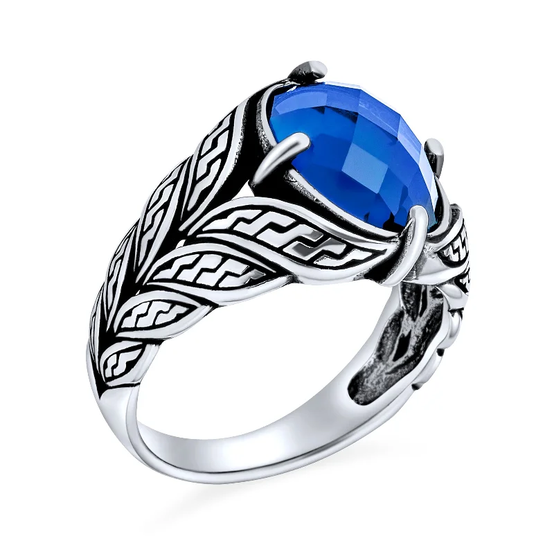 Vintage Promise Rings-Unisex Mens Stainless Steel Vintage Oval Blue Sapphire CZ Ring Oxidized Silver