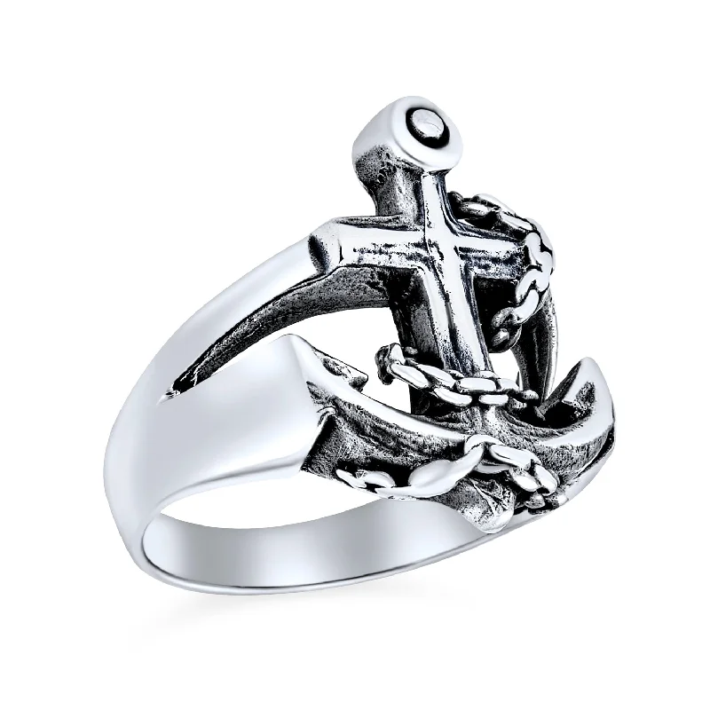 Custom Infinity Wedding Rings-Mens Silver Ring Nautical Anchor Band Oxidized .925 Sterling Made in Turkey