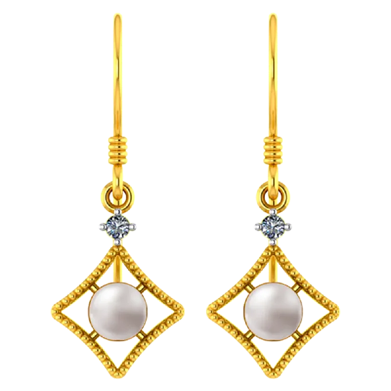 Classic Hoop Earrings-22k American Diamond Shaped Gold Earrings With A Pearl And Stone Detailing