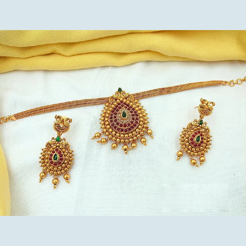 Vintage Style Choker Necklaces-Joyful Jewel Art Matte Gold Plated Pota Stone Necklace Set