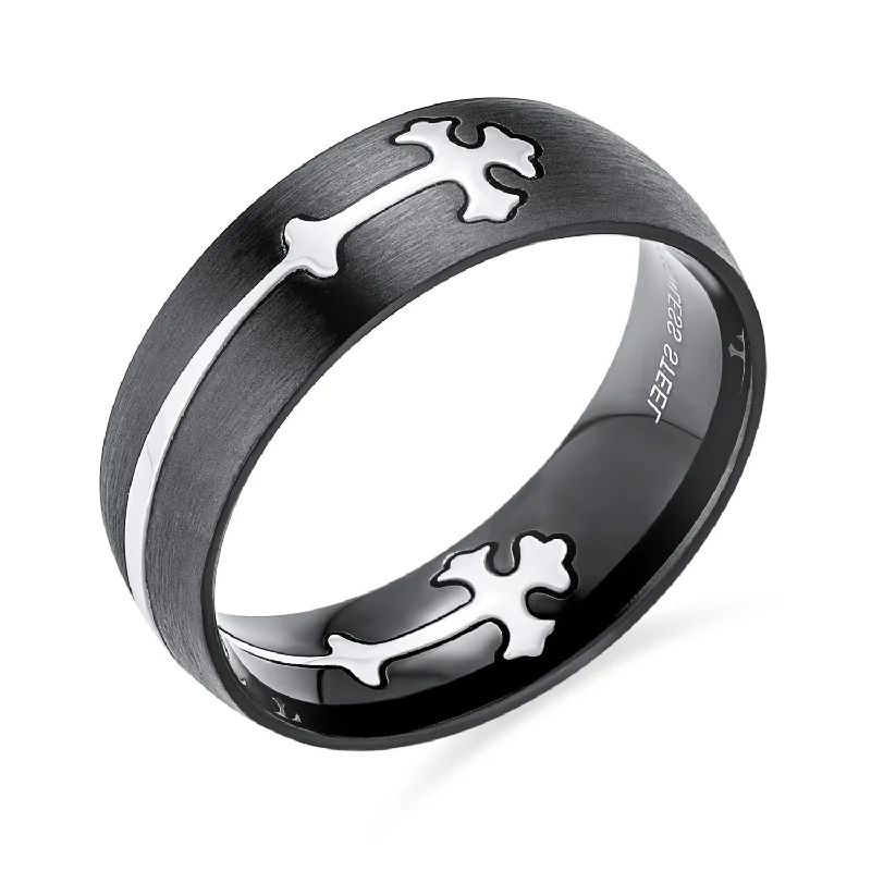 Handcrafted Engagement Rings-Mens Stainless Steel Religious Maltase Fleur De Lis Cross Black Wedding Band Ring