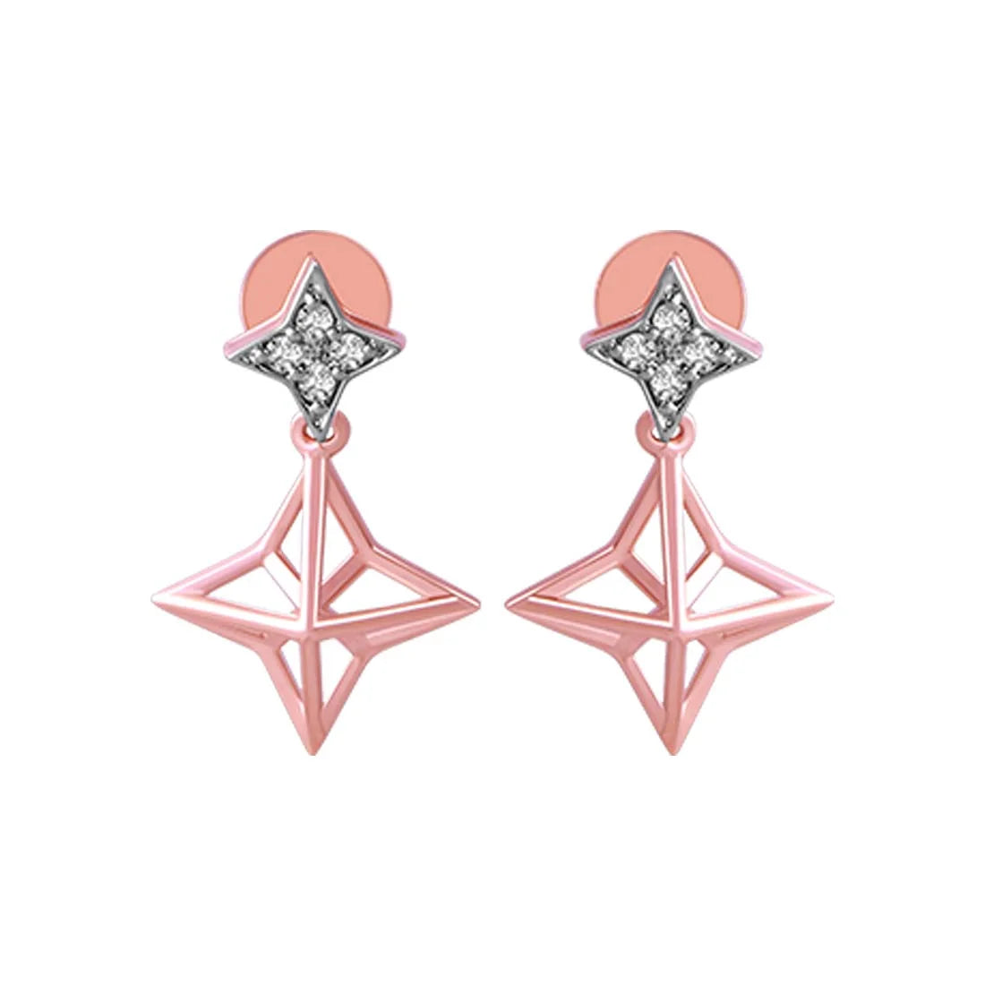 Handmade Earrings Online-14KT (585) Rose Gold & Diamond Celestial Star Shape Drop Earrings