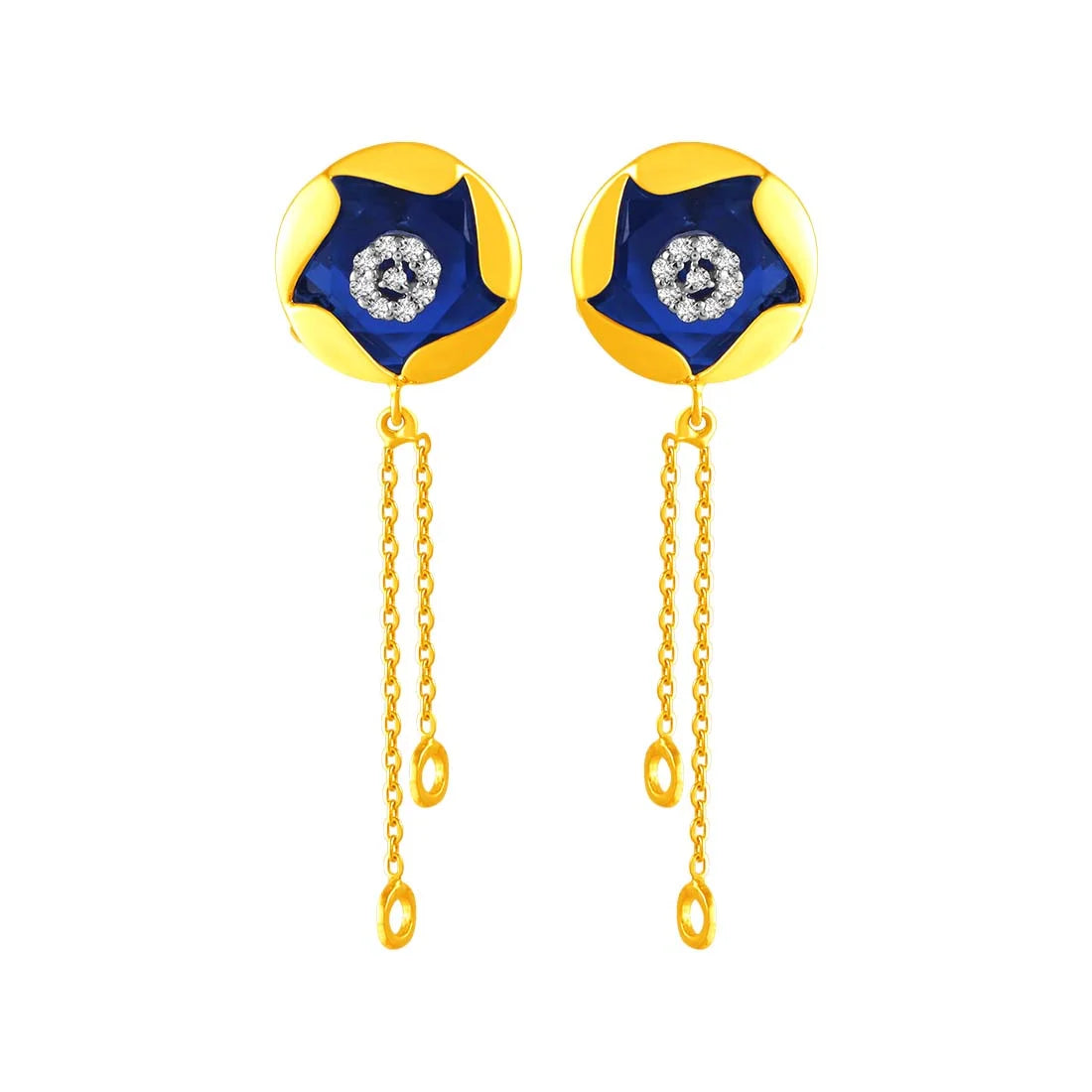 Black Crystal Earrings-14KT (585) Yellow Gold & Diamond Drop Earrings Deep Blue Pattern