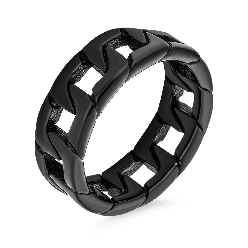 Silver Wedding Rings for Women-Mens Stainless Steel Biker Jewelry Black Cuban Chain Ring Band Gothic Style