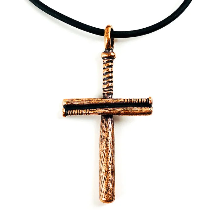 Bold Statement Necklaces-Baseball Bat Cross On Soft Black Rubber Necklace Antique Copper Softball