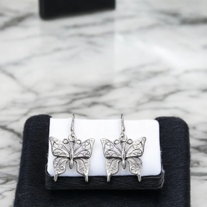 Antique Gold Earrings-Sterling silver oxidized butterfly motif earrings for women and girls