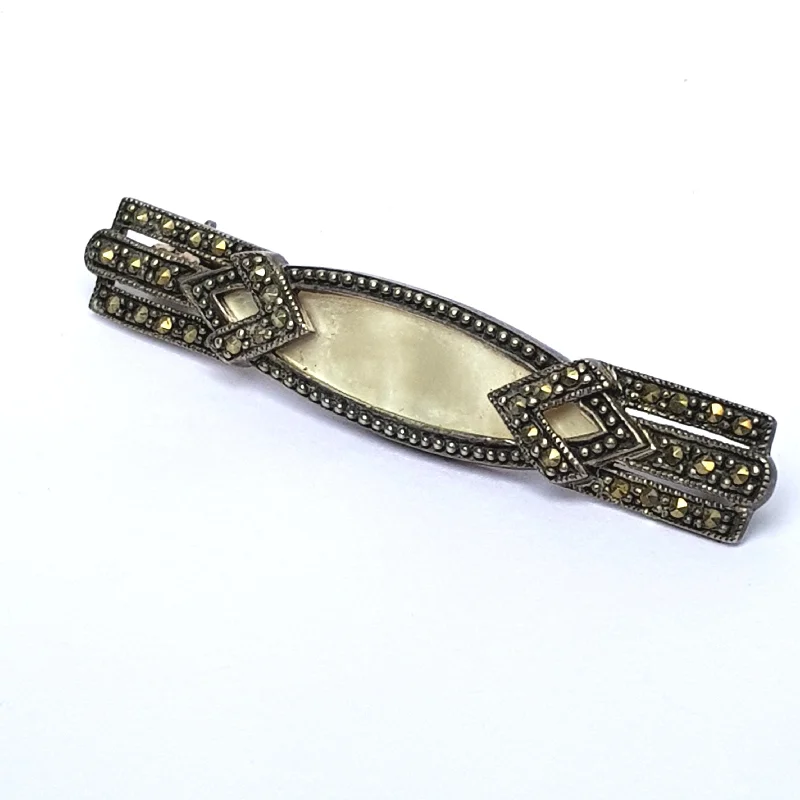 Classic Diamond Brooch-Classic Diamond Brooch-Solid Silver Mother Of Pearl And Marcasite Stylish Bar Brooch Art Deco Style Vintage Circa 1950's